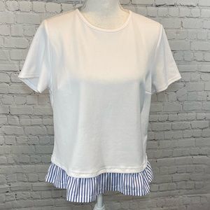 PRIMARK Blouse White with Blue Striped Ruffle Hem-10